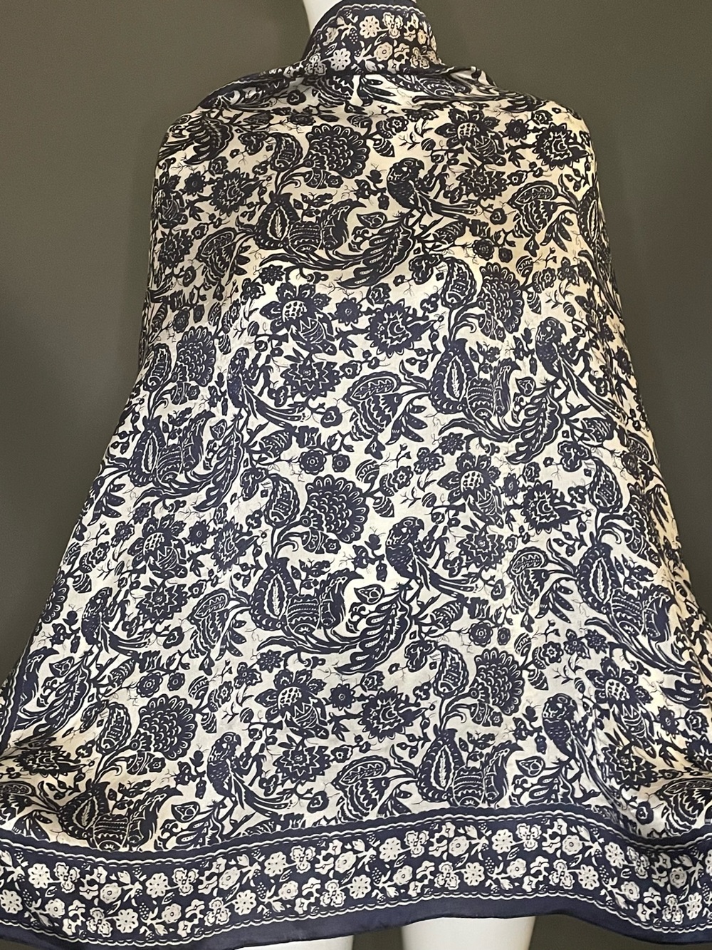 Vintage Scarf Navy Blue Cream Silk Parrot Bird Print Large 34 In Sq